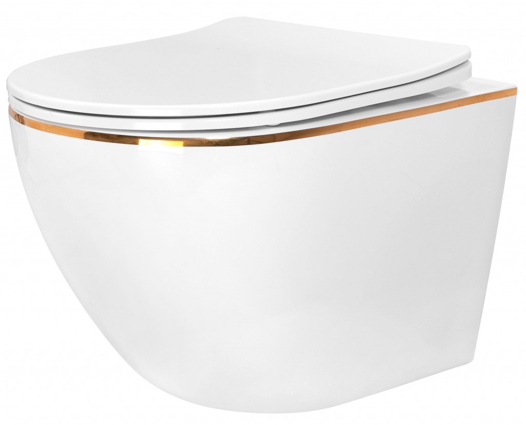 REA - Závesná WC misa vrátane sedátka Carlo Mini Flat biela/zlatý prúžok REA-C1222