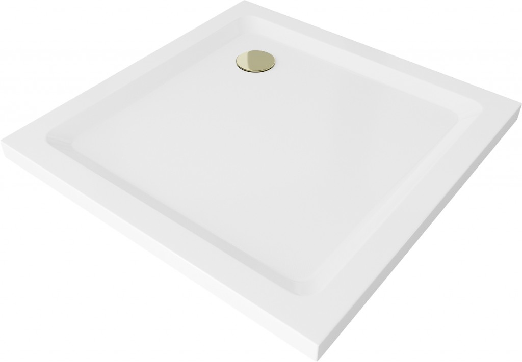 MEXEN/S - Flat sprchová vanička štvorcová slim 70 x 70, biela + zlatý sifón 40107070G