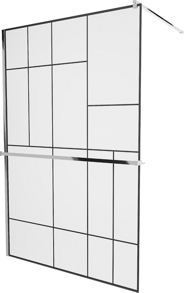 MEXEN/S - KIOTO Sprchová zástena WALK-IN s poličkou a držiakom uterákov 90 x 200, transparent/čierna 8 mm, chróm 800-090-121-01-78