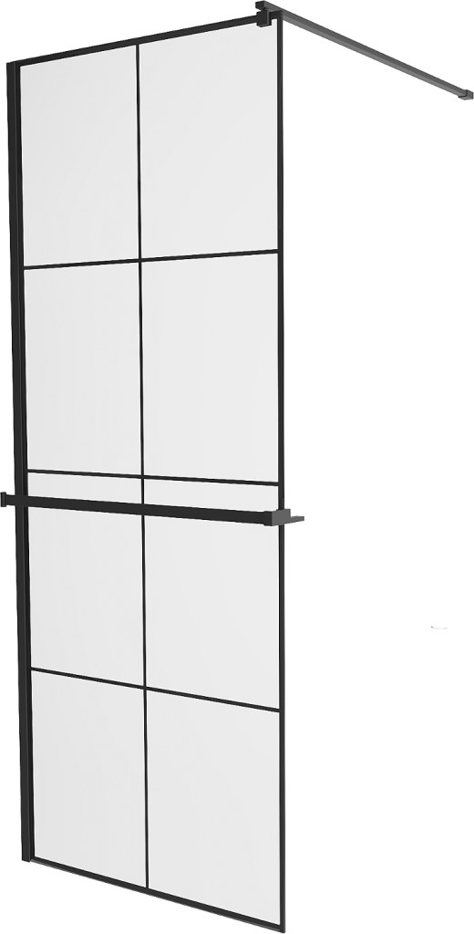 MEXEN/S - KIOTO Sprchová zástena WALK-IN s poličkou a držiakom uterákov 90 x 200, transparent/čierna 8 mm, čierna 800-090-121-70-77