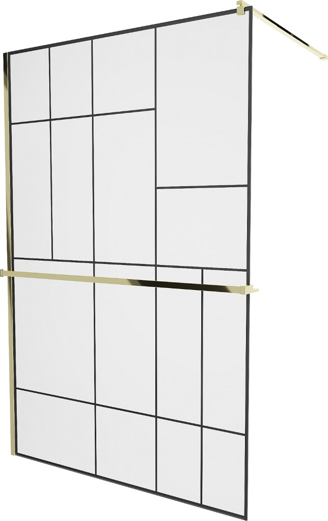 MEXEN/S - KIOTO Sprchová zástena WALK-IN s poličkou a držiakom uterákov 110 x 200, transparent/čierna 8 mm, zlatá 800-110-121-50-78