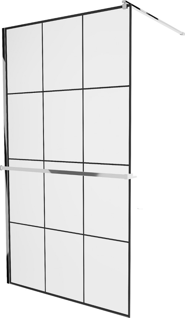 MEXEN/S - KIOTO Sprchová zástena WALK-IN s poličkou a držiakom uterákov 120 x 200, transparent/čierna 8 mm, chróm 800-120-121-01-77