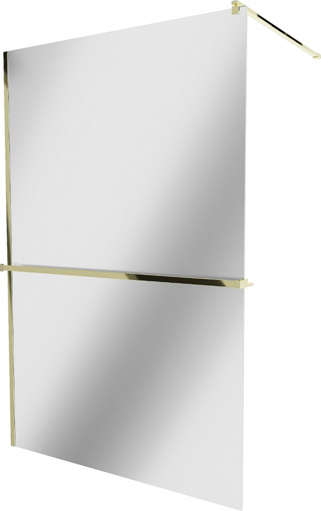 MEXEN/S - KIOTO Sprchová zástena WALK-IN s poličkou a držiakom uterákov 120 x 200, zrkadlové 8 mm, zlatá 800-120-121-50-50