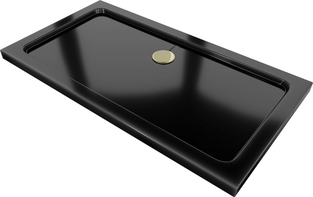 MEXEN/S - Flat sprchová vanička obdĺžniková slim 120 x 70, čierna + zlatý sifón 40707012G