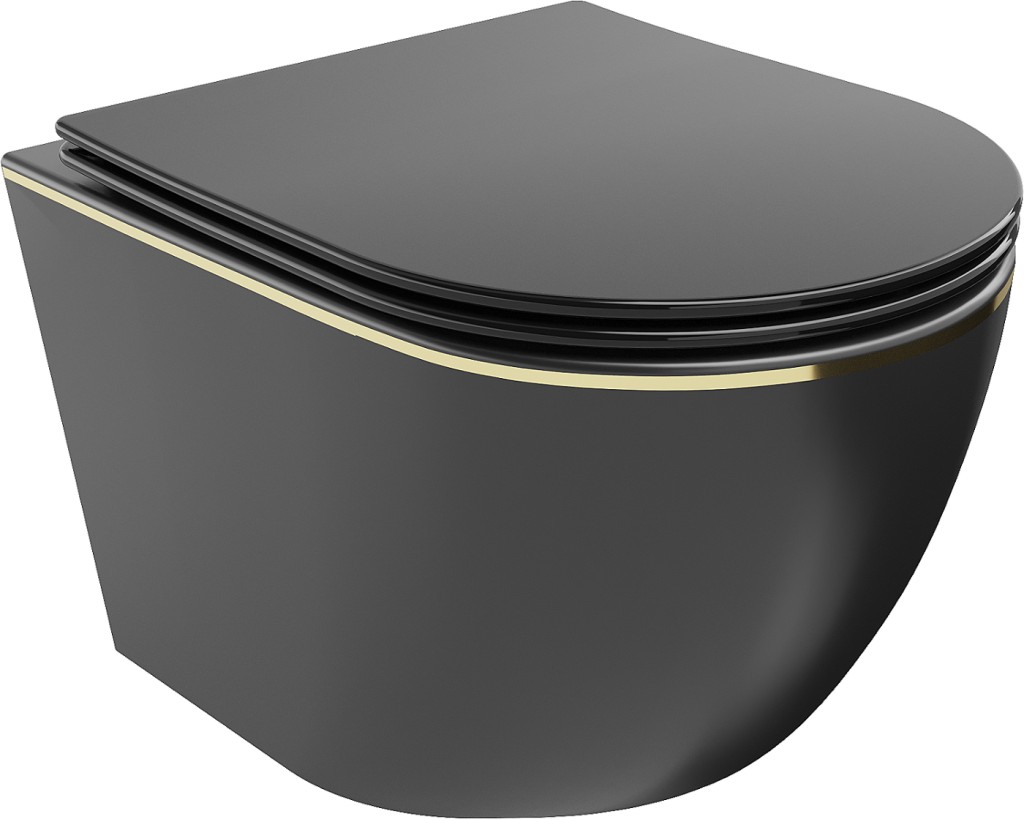 MEXEN - Lena Závesná WC misa vrátane sedátka s slow-slim, duroplast, čierna mat/zlatá linka 30224075