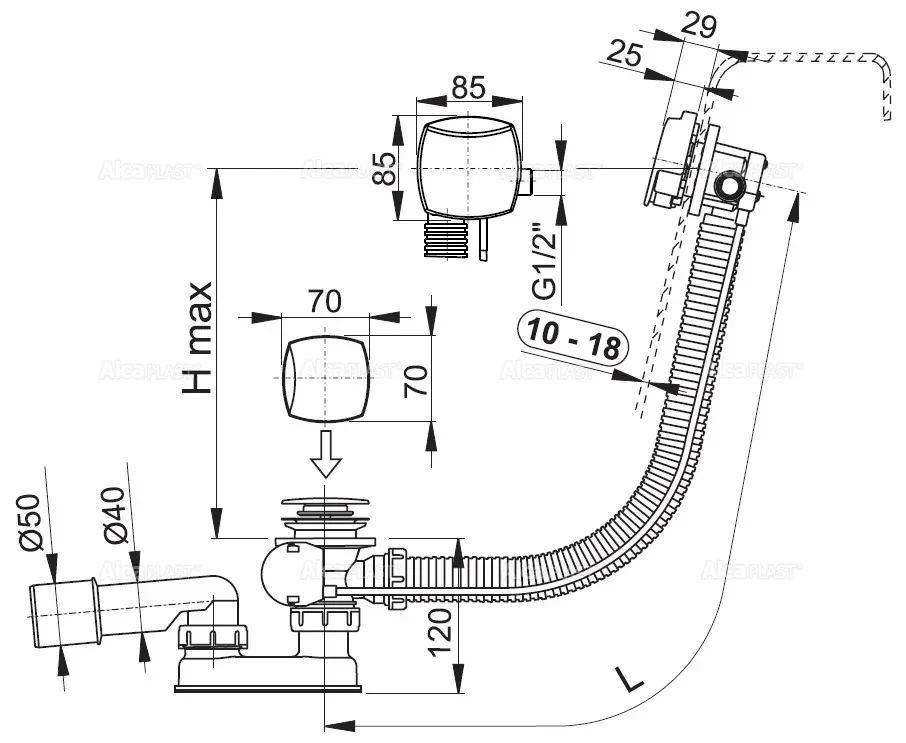 Alcadrain Sifón vaňový automat s napúšťaním prepadom pre hrubostenné vane, kov A565KM3-100 A565KM3-100