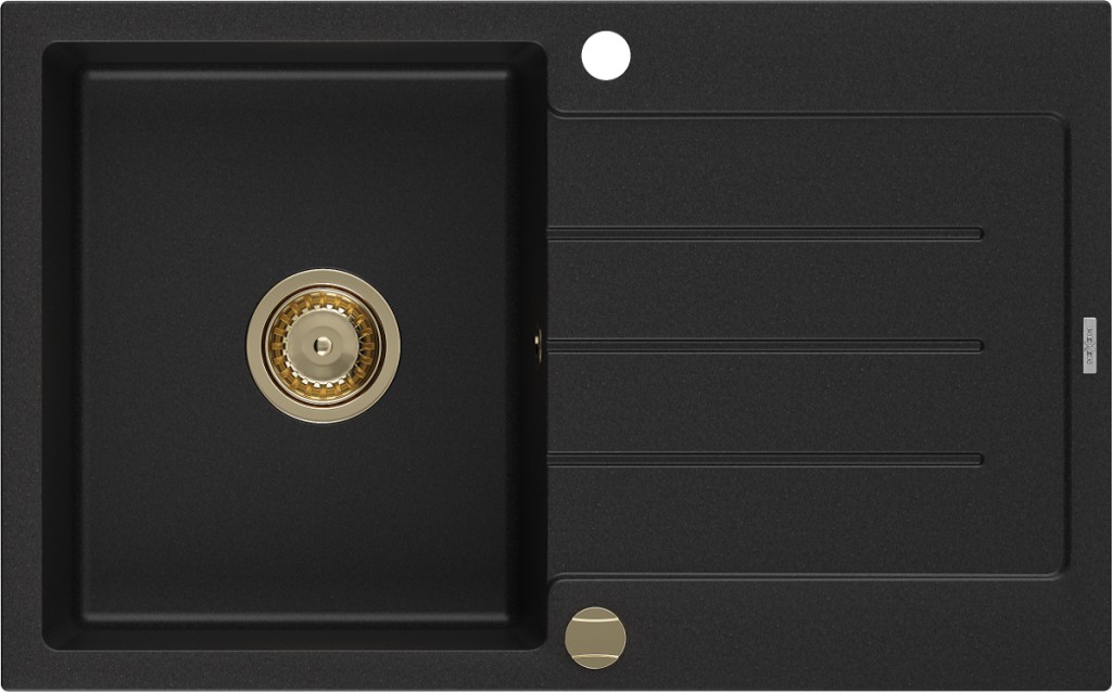 MEXEN/S MEXEN/S - Bruno granitový drez 1-miska s odkvapkávačom 795 x 495 mm, čierny, zlatý sifón 6513791010-77-G