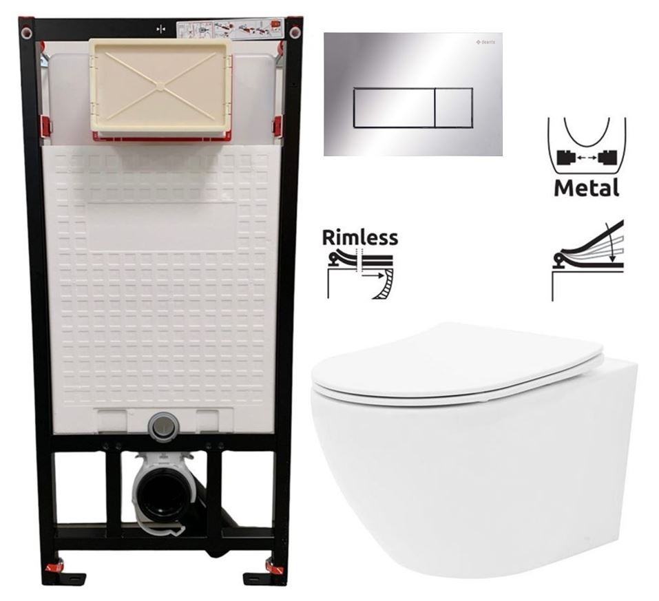 DEANTE Podstavný rám, pre závesné WC misy + SLIM tlačidlo chrom + WC REA Carlo Flat Mini Rimlesss + SEDADLO CST_WC01 051P CF1