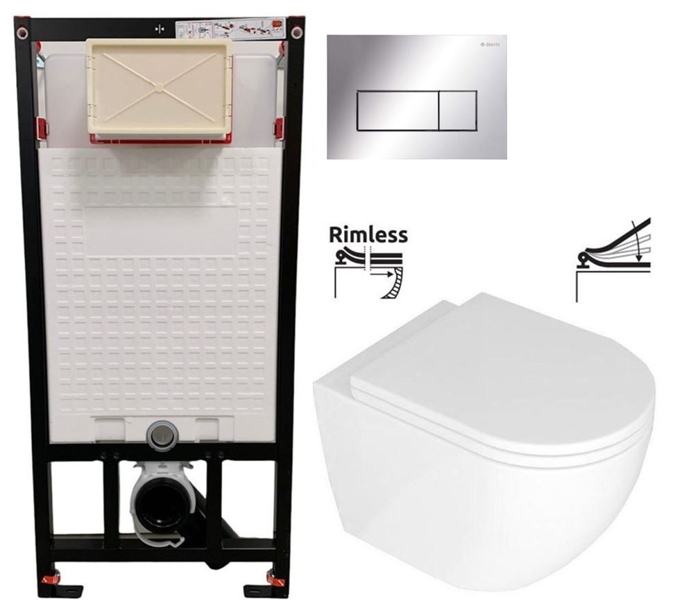 DEANTE Podstavný rám, pre závesné WC misy + SLIM tlačidlo chrom + WC REA Carlo Mini Basic Rimlesss + SEDADLO CST_WC01 051P CB1
