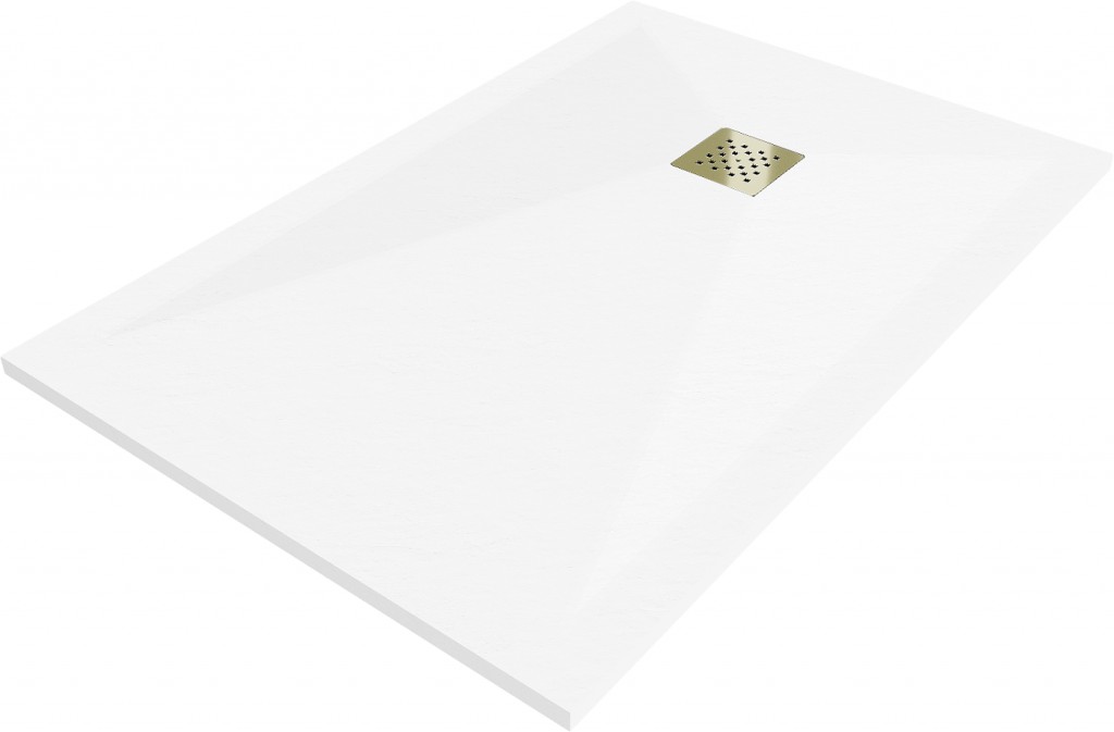 MEXEN/S - Stone+ obdĺžniková sprchová vanička 110 x 80, biela, mriežka zlatá 44108011-G