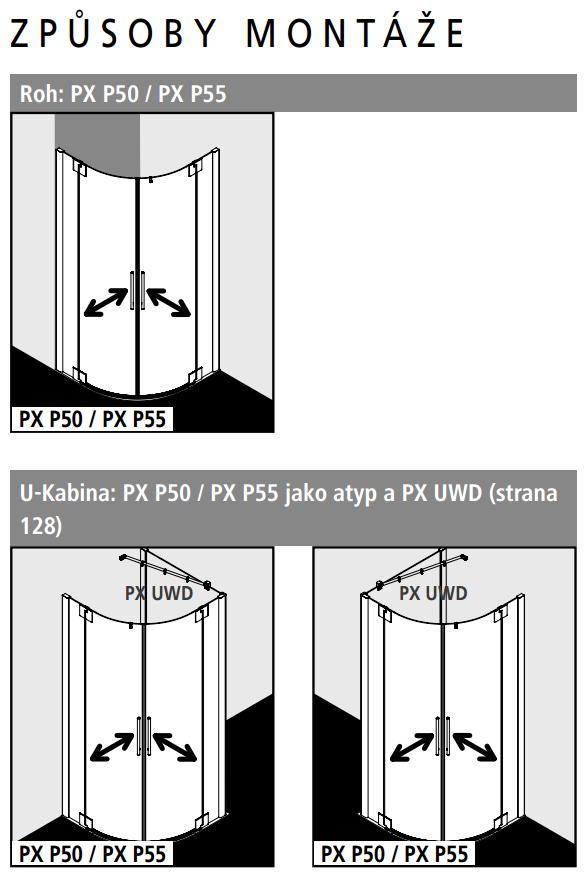 Kermi Štvrťkruh Pasa XP P55 09020 870-900 / 2000 strieborná matná ESG číre Štvrťkruhový sprchovací kút kývne dvere s pevnými poľami (PXP55090201AK)