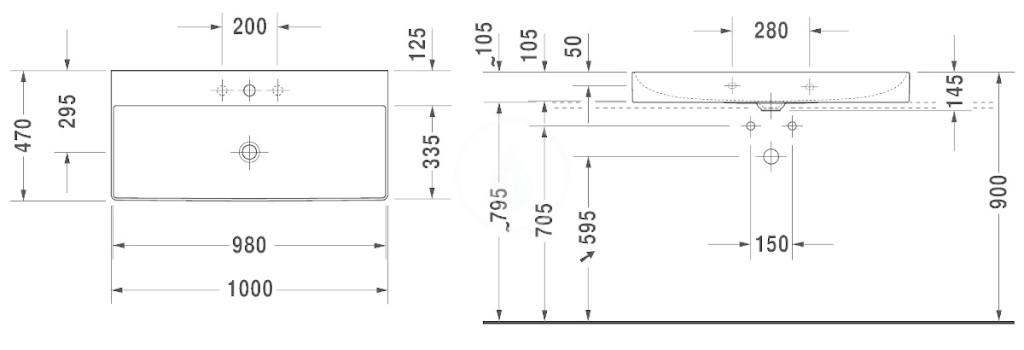 DURAVIT - DuraSquare Umývadlo nábytkové 1000x470 mm, s 1 otvorom na batériu, DuraCeram, s WonderGliss, alpská biela (23531000711)