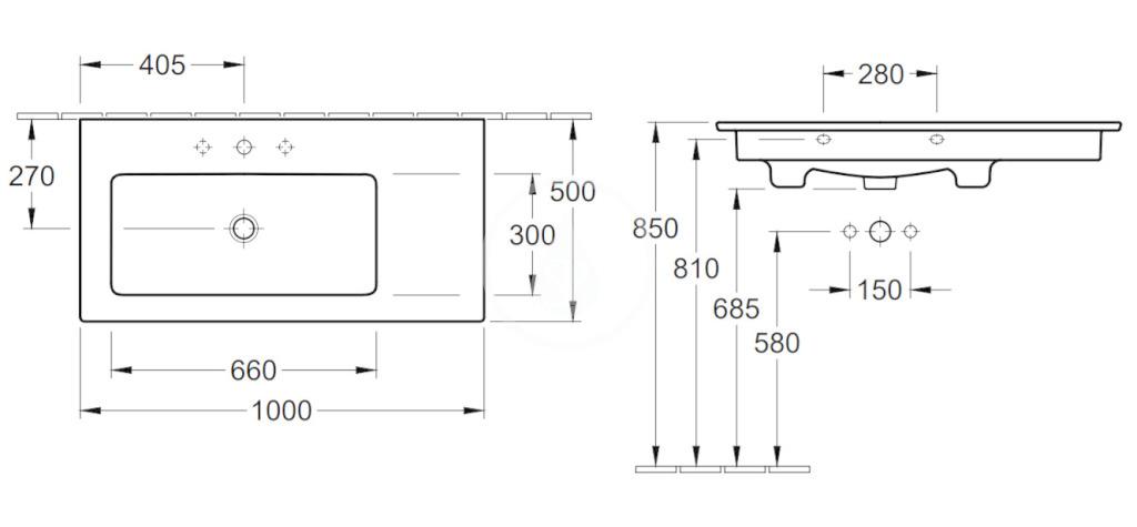 VILLEROY & BOCH - Venticello Umývadlo nábytkové 1000x500 mm, bez prepadu, otvor na batériu, CeramicPlus, alpská biela (4134L2R1)