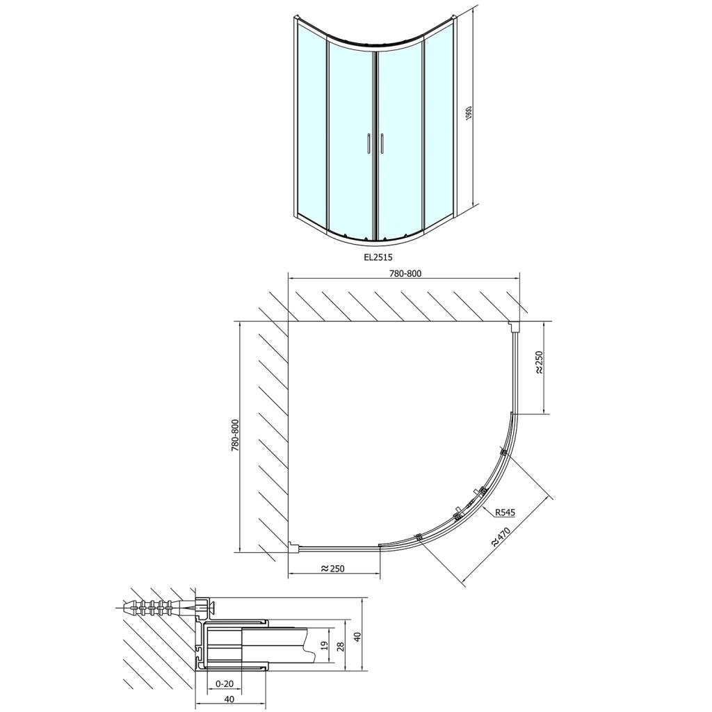 POLYSAN - EASY LINE štvrťkruhová sprchová zástena 800x800mm, L/R, číre sklo (EL2515)