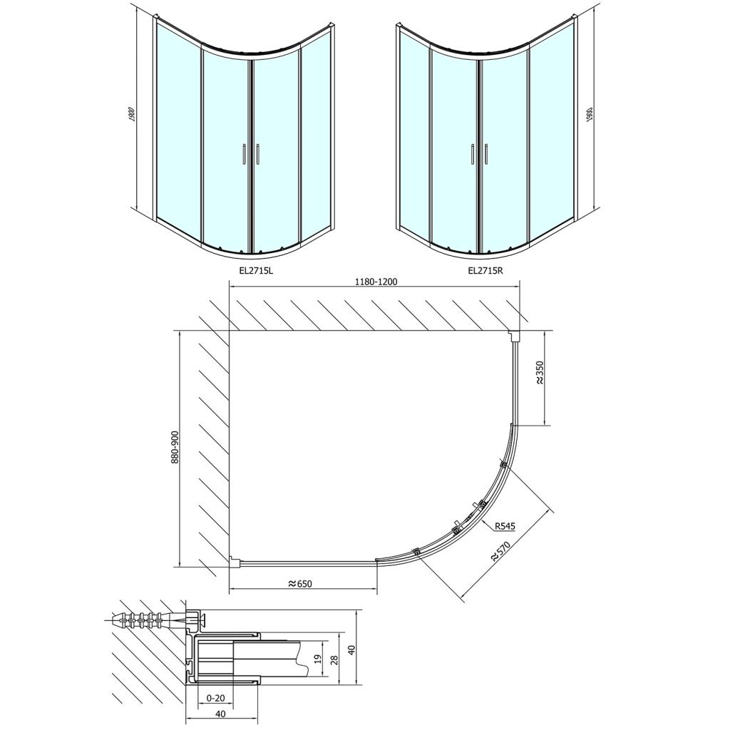 POLYSAN - EASY LINE štvrťkruhová sprchová zástena 1200x900mm, L/R, číre sklo (EL2715)