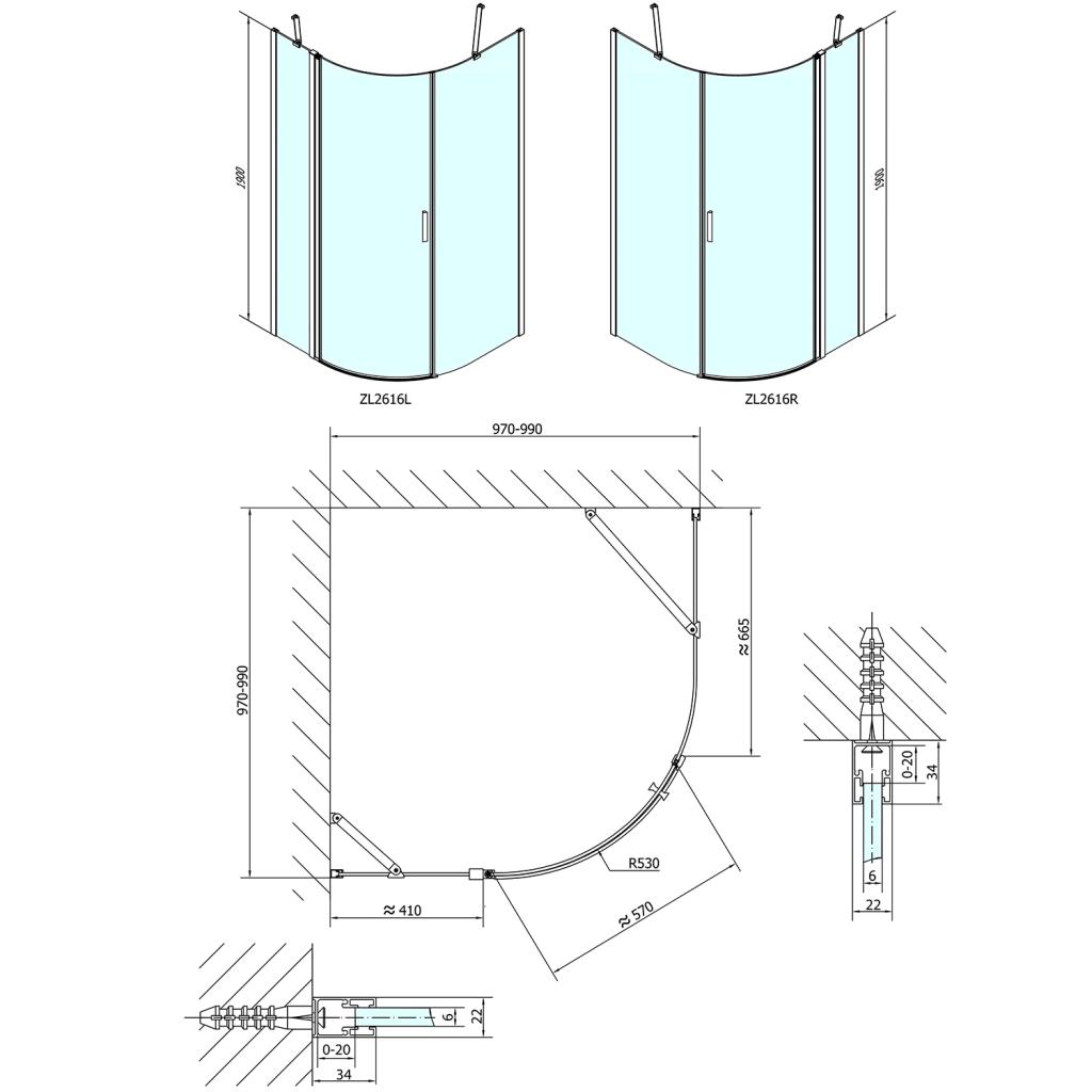 POLYSAN - ZOOM LINE štvrťkruhová sprchová zástena 1000x1000mm, číre sklo, pravá (ZL2616R)
