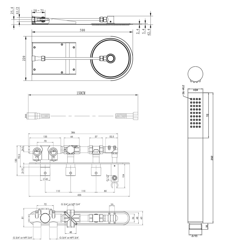 SAPHO - Podomietkový sprchový set s termostatickou batériou a držiakom ručnej sprchy, 2 výstupy, guľatá, chróm (MB623-01)