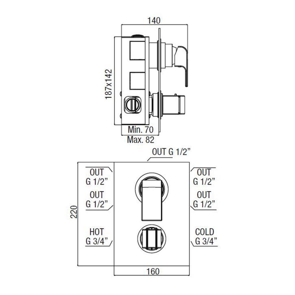 SAPHO - AQUARAMA podomietková sprchová termostatická batéria, 3 výstupy, chróm (AM64169)