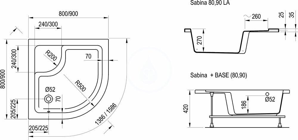 RAVAK - Minivana Hlboká sedacia vanička (minivaňa) Sabina 80, šírka 800 mm x 800 mm, rádius 500 mm, biela (A214001020)