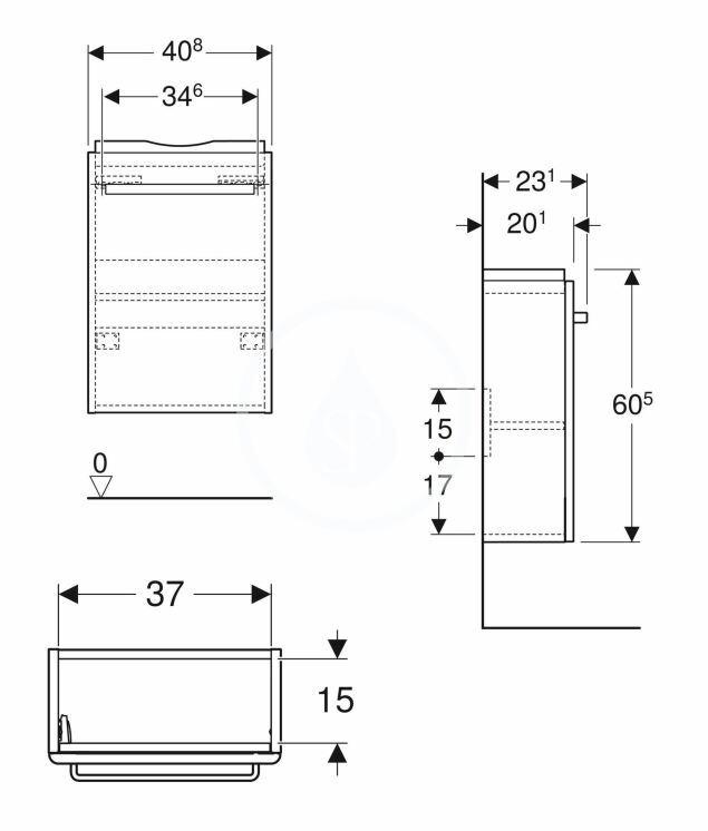 GEBERIT - Selnova Compact Umývadlová skrinka, 408x231x605 mm, 1 dvierka, lesklá biela/matná biela (501.925.01.1)