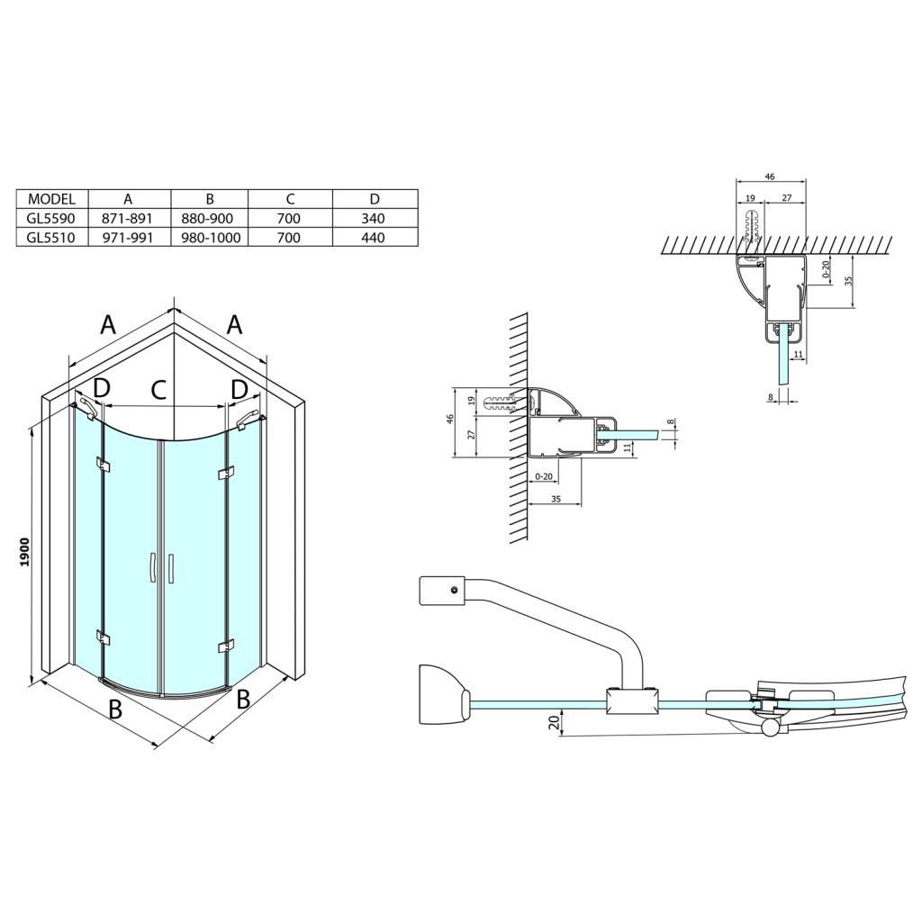 GELCO - LEGRO štvrťkruhová sprchová zástena 900x900mm, dvojkrídlová, číre sklo (GL5590)