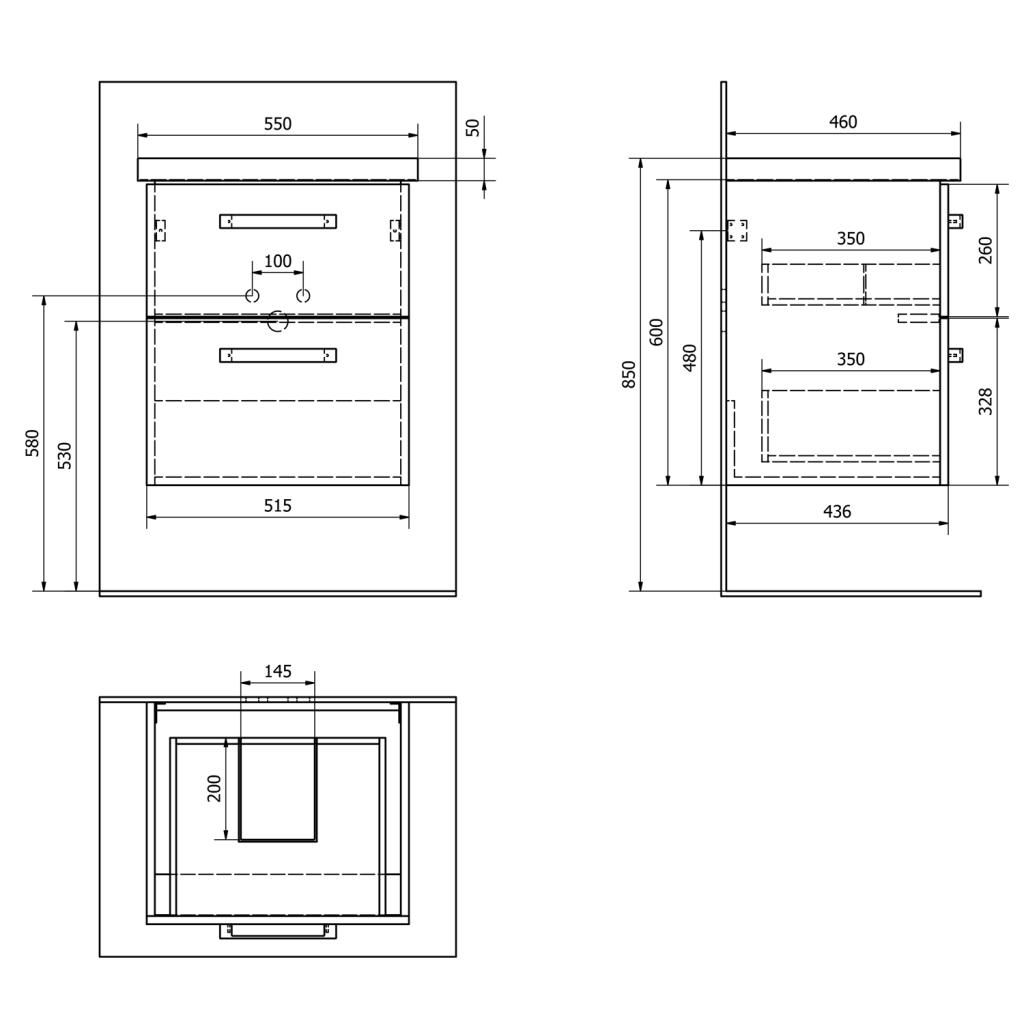 AQUALINE - VEGA umývadlová skrinka 51,5x60x43,8 cm, 2xzásuvka, biela (VG052)