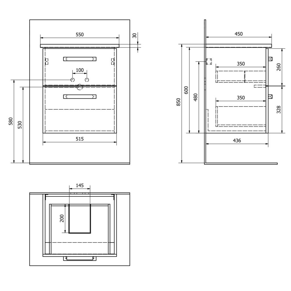 AQUALINE - VEGA umývadlová skrinka 51,5x60x43,8 cm, 2xzásuvka, biela (VG052)