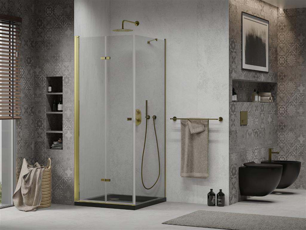 MEXEN/S - Lima sprchovací kút zalamovacie dvere 80 x 80 cm, transparent, zlatý + Flat čierna vanička so sifónom (856-080-080-50-00-4070G)