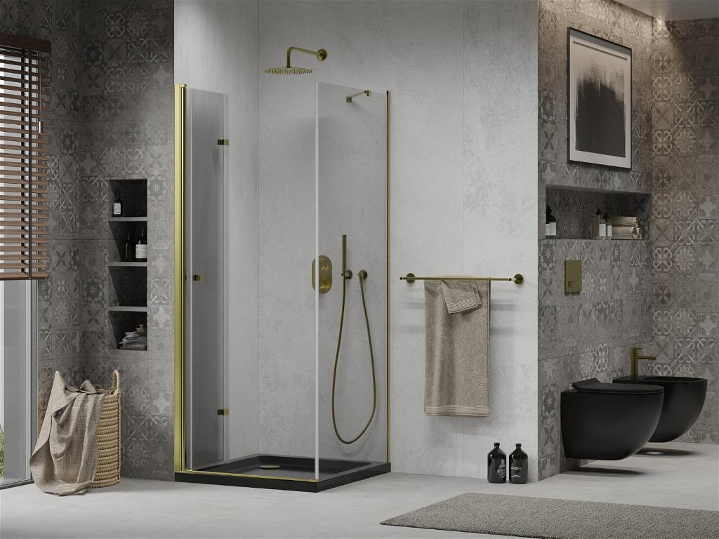 MEXEN/S - Lima sprchovací kút zalamovacie dvere 80 x 80 cm, transparent, zlatý + Flat čierna vanička so sifónom (856-080-080-50-00-4070G)