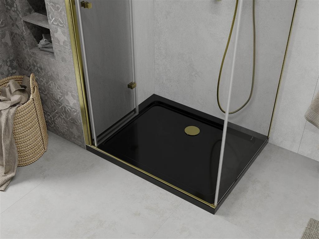 MEXEN/S - Lima sprchovací kút zalamovacie dvere 90 x 100 cm, transparent, zlatý + Flat čierna vanička so sifónom (856-090-100-50-00-4070G)