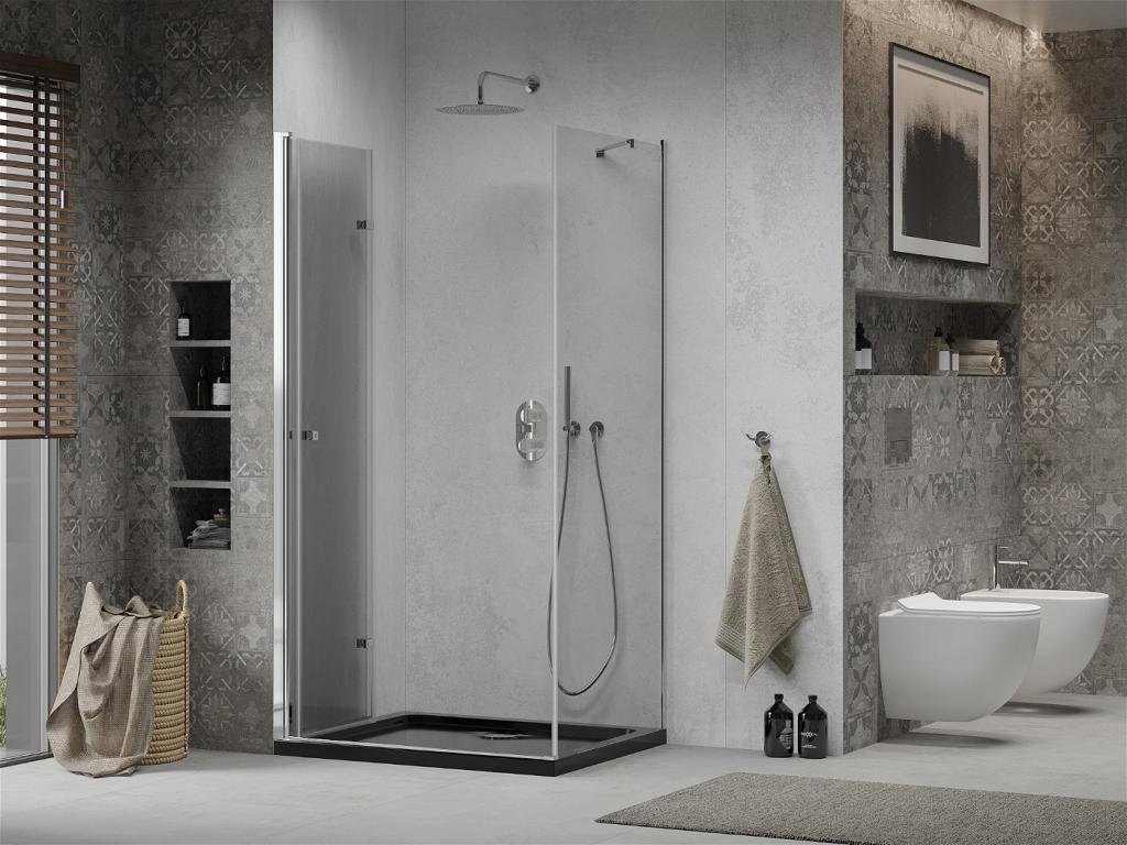 MEXEN/S - Lima sprchovací kút zalamovacie dvere 100 x 90 cm, transparent, chróm + Flat čierna vanička so sifónom (856-100-090-01-00-4070)