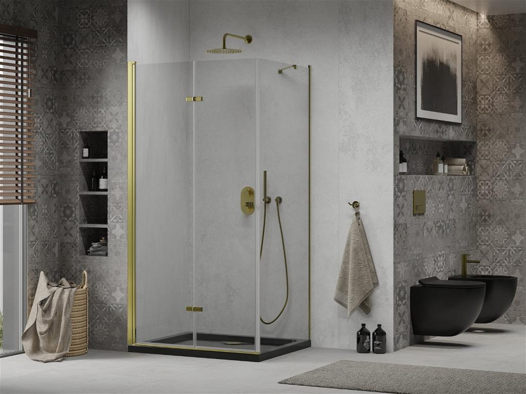 MEXEN/S - Lima sprchovací kút zalamovacie dvere 100 x 90 cm, transparent, zlatý + Flat čierna vanička so sifónom (856-100-090-50-00-4070G)