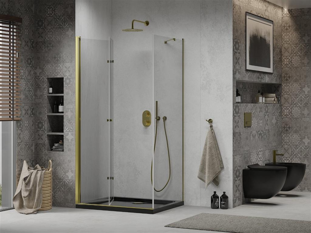 MEXEN/S - Lima sprchovací kút zalamovacie dvere 100 x 90 cm, transparent, zlatý + Flat čierna vanička so sifónom (856-100-090-50-00-4070G)