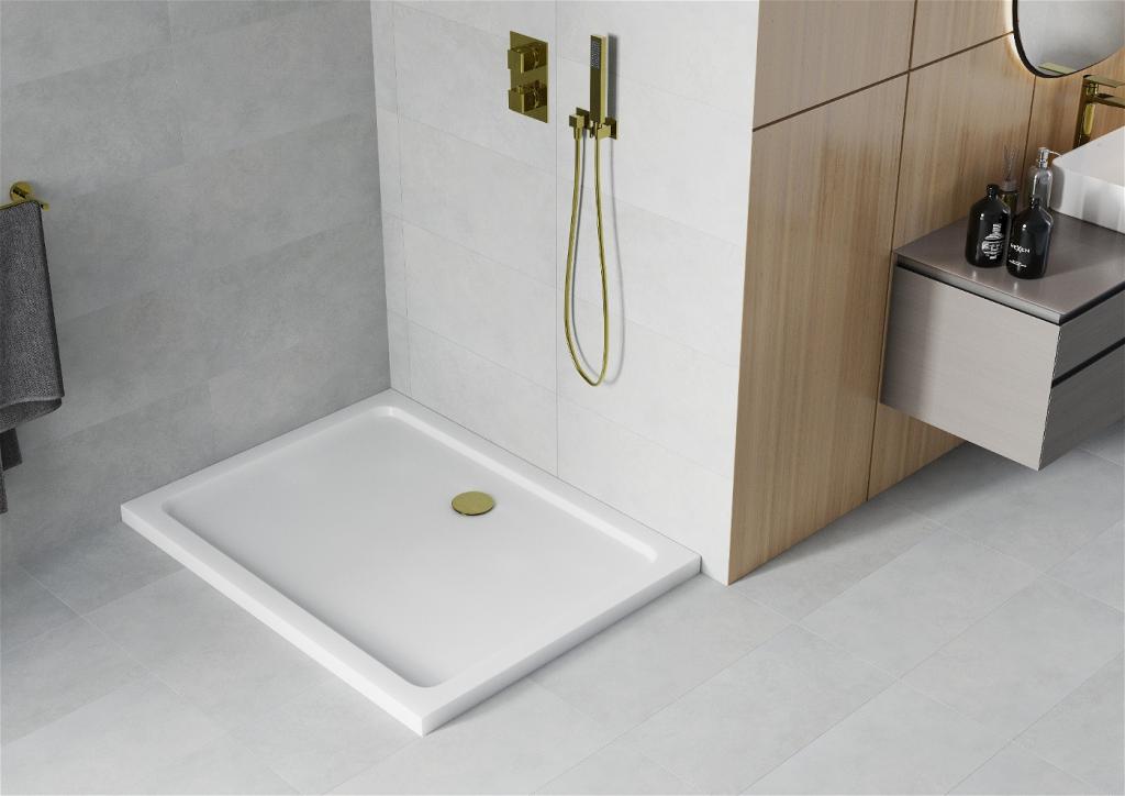 MEXEN/S - Flat sprchová vanička obdĺžniková slim 110 x 100 cm, biela + zlatý sifón (40101011G)
