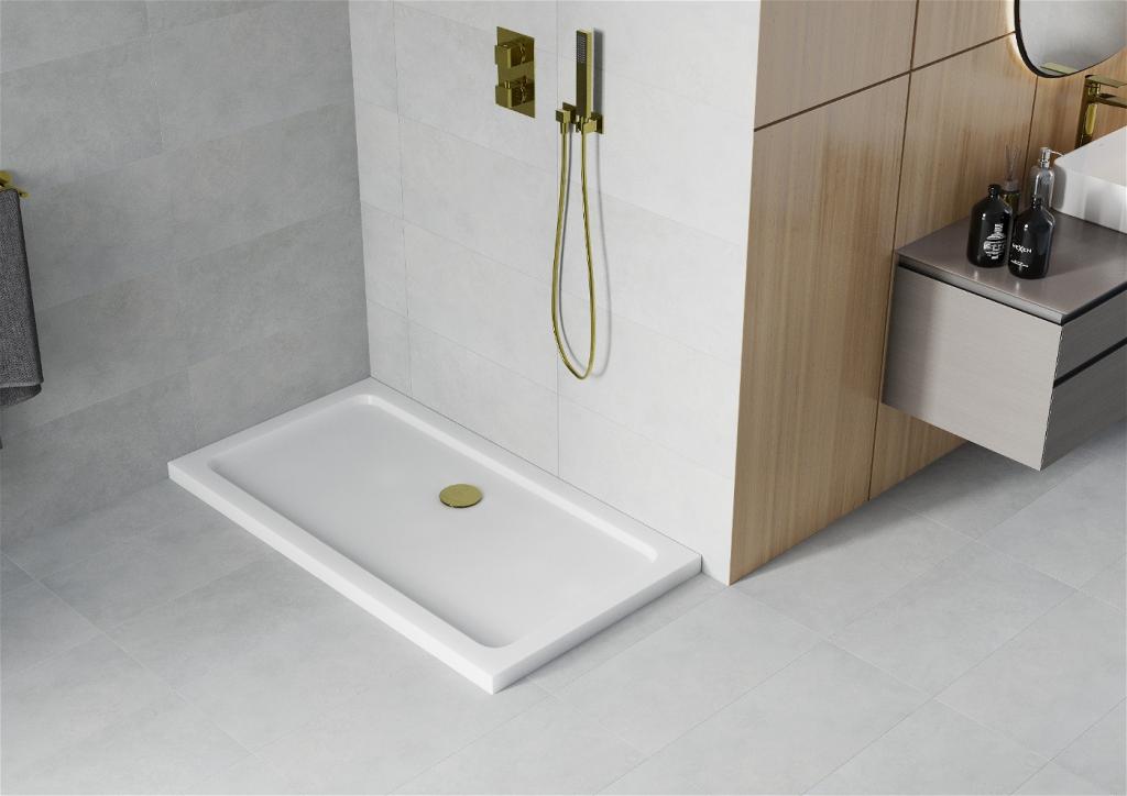 MEXEN/S - Flat sprchová vanička obdĺžniková slim 120 x 70 cm, biela + zlatý sifón (40107012G)