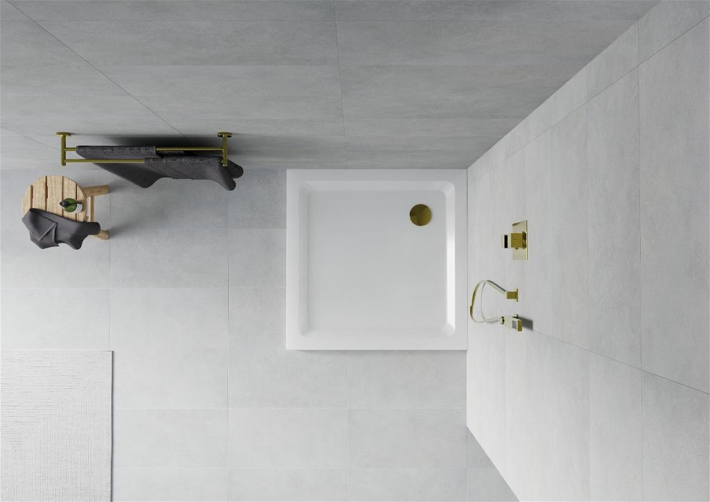 MEXEN/S - Flat sprchová vanička štvorcová slim 80 x 80 cm, biela + zlatý sifón (40108080G)