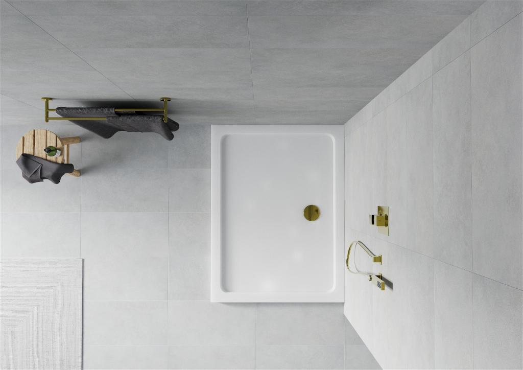 MEXEN/S - Flat sprchová vanička obdĺžniková slim 140 x 90 cm, biela + zlatý sifón (40109014G)