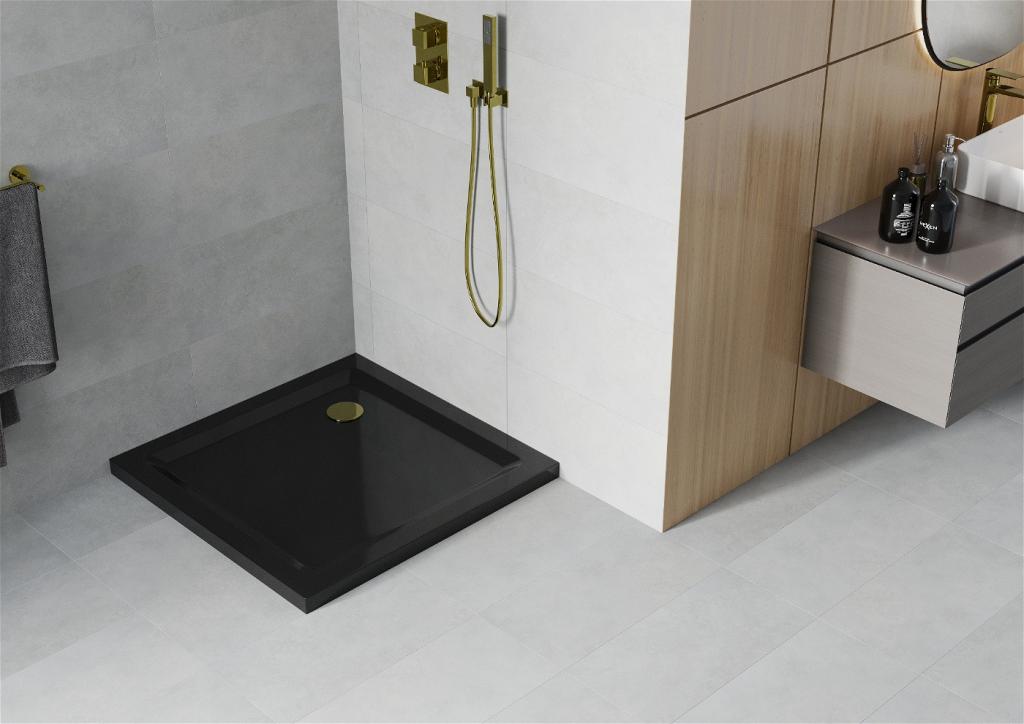 MEXEN/S - Flat sprchová vanička štvorcová slim 80 x 80 cm, černá + zlatý sifón (40708080G)