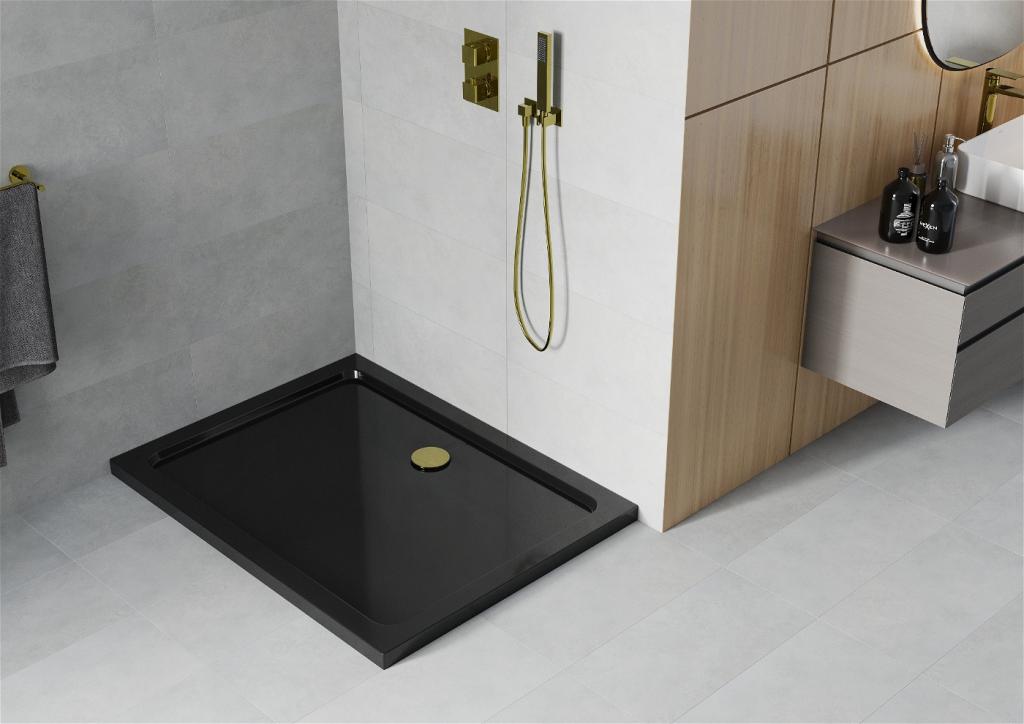 MEXEN/S - Flat sprchová vanička obdĺžniková slim 100 x 90 cm, černá + zlatý sifón (40709010G)