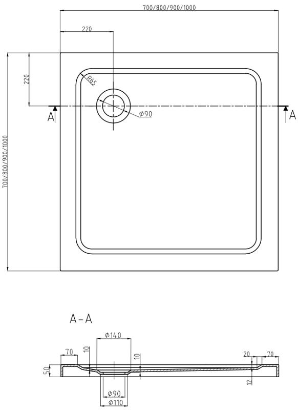 MEXEN/S - Flat sprchová vanička štvorcová slim 90 x 90 cm, černá + čierny sifón (40709090B)