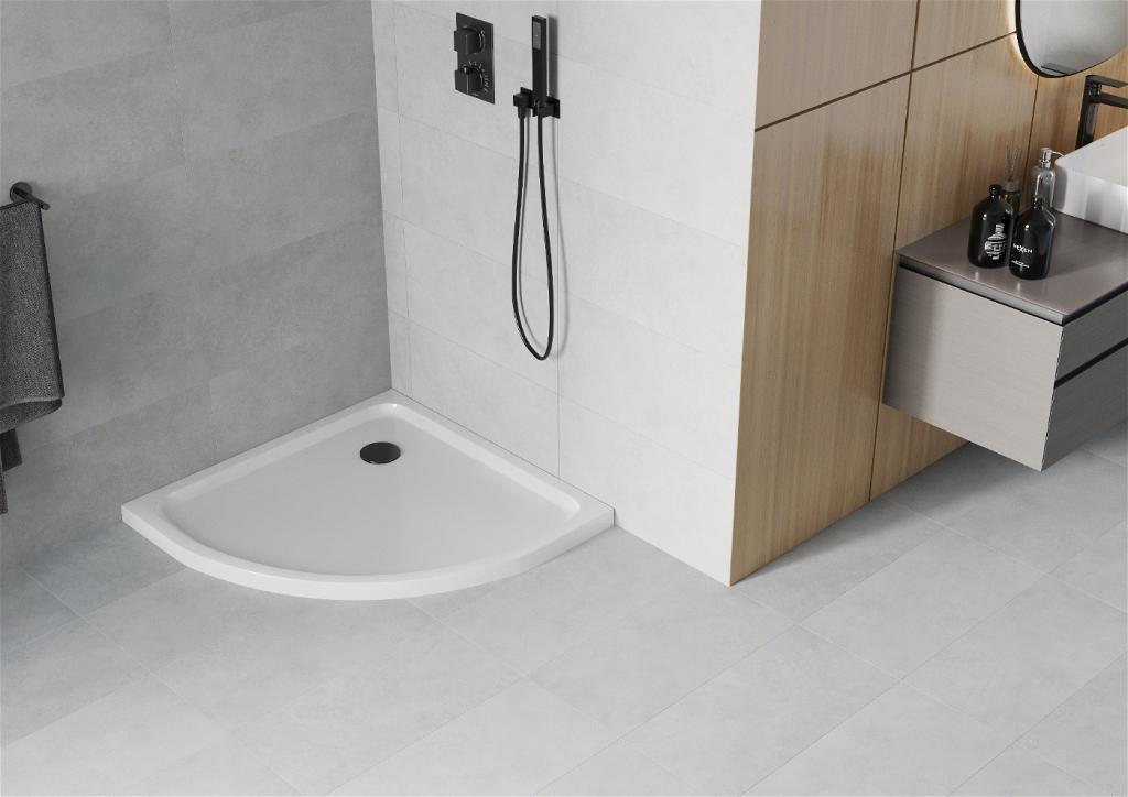MEXEN/S - Flat sprchová vanička štvrťkruhová slim 70 x 70 cm, biela + čierny sifón (41107070B)