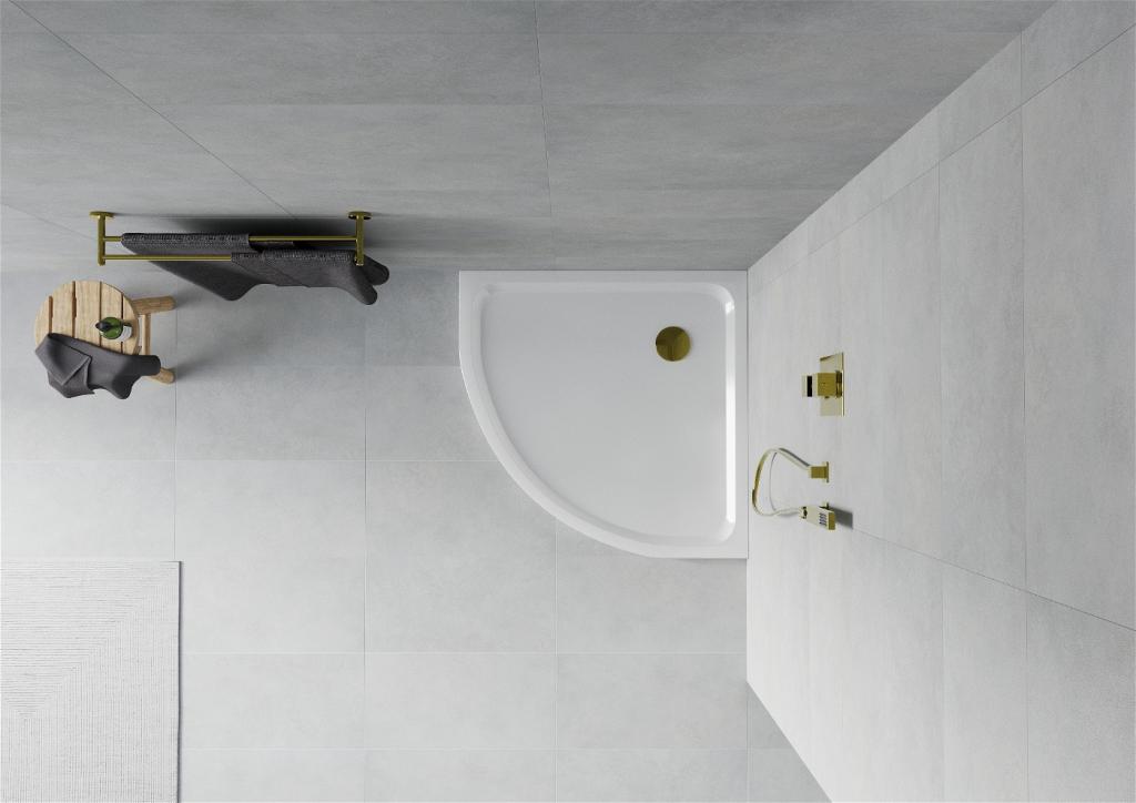MEXEN/S - Flat sprchová vanička štvrťkruhová slim 80 x 80 cm, biela + zlatý sifón (41108080G)