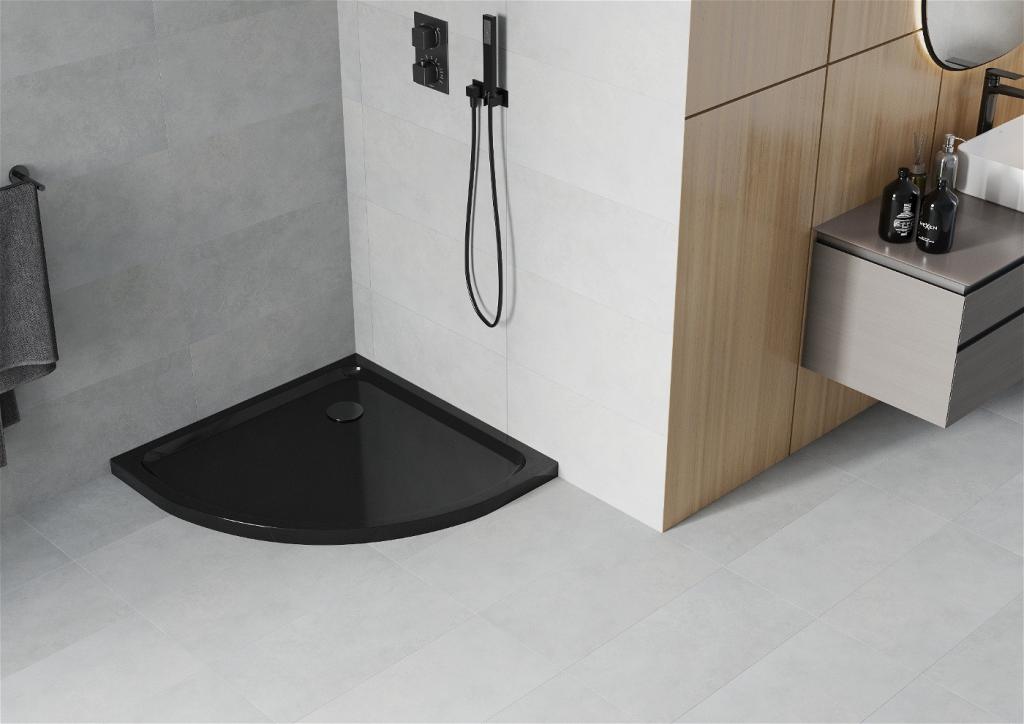MEXEN/S - Flat sprchová vanička štvrťkruhová slim 70 x 70 cm, černá + čierny sifón (41707070B)