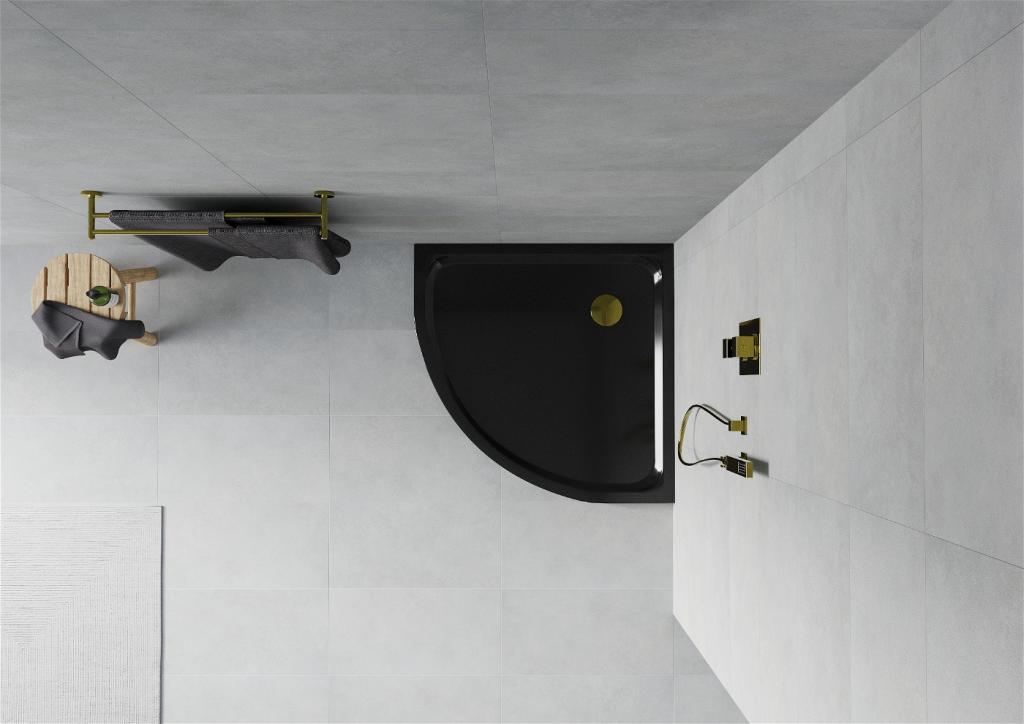 MEXEN/S - Flat sprchová vanička štvrťkruhová slim 70 x 70 cm, černá + zlatý sifón (41707070G)