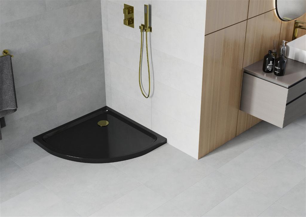 MEXEN/S - Flat sprchová vanička štvrťkruhová slim 80 x 80 cm, černá + zlatý sifón (41708080G)