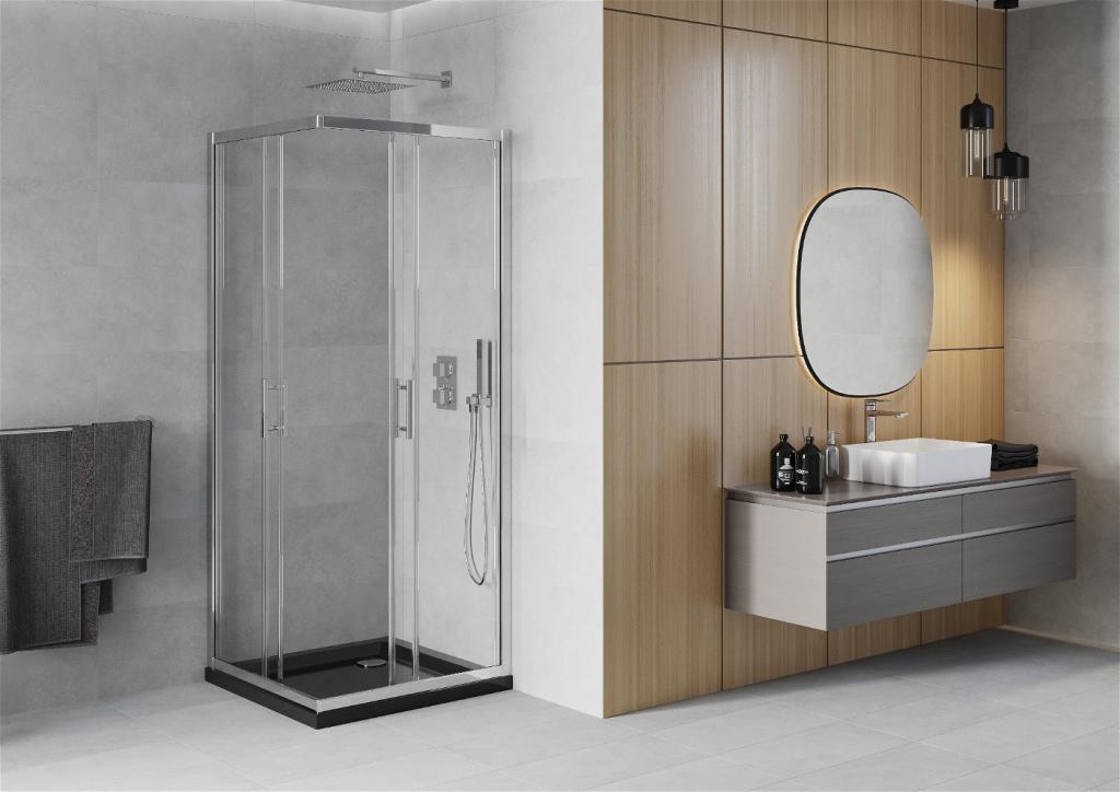 MEXEN/S - Rio štvorcový sprchovací kút 80 x 80 cm, transparent, chróm + vanička so sifónom Flat, čierny (860-080-080-01-00-4070)