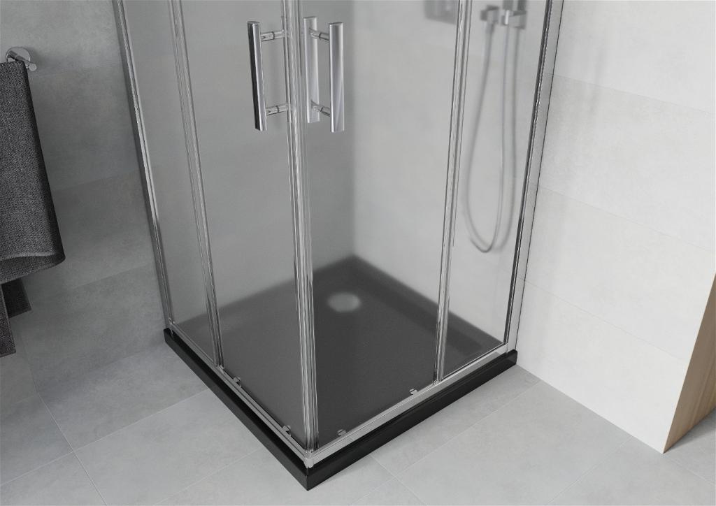 MEXEN/S - Rio štvorcový sprchovací kút 90 x 90 cm, mráz, chróm + vanička so sifónom Flat, čierny (860-090-090-01-30-4070)