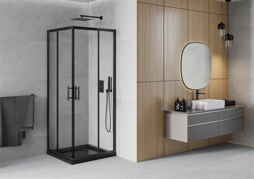 MEXEN/S - Rio štvorcový sprchovací kút 90 x 90 cm, transparent, čierny + vanička so sifónom Flat, čierny (860-090-090-70-00-4070B)