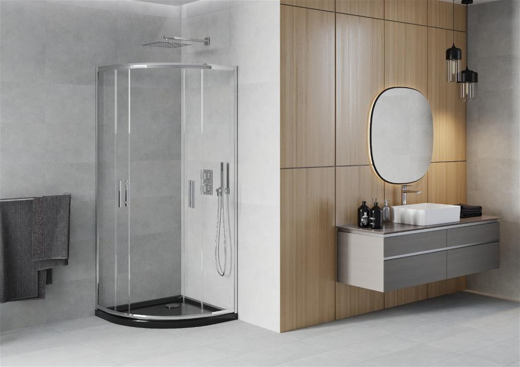 MEXEN/S - Rio štvrťkruhový sprchovací kút 70 x 70 cm, transparent, chróm + vanička so sifónom Flat, čierny (863-070-070-01-00-4170)