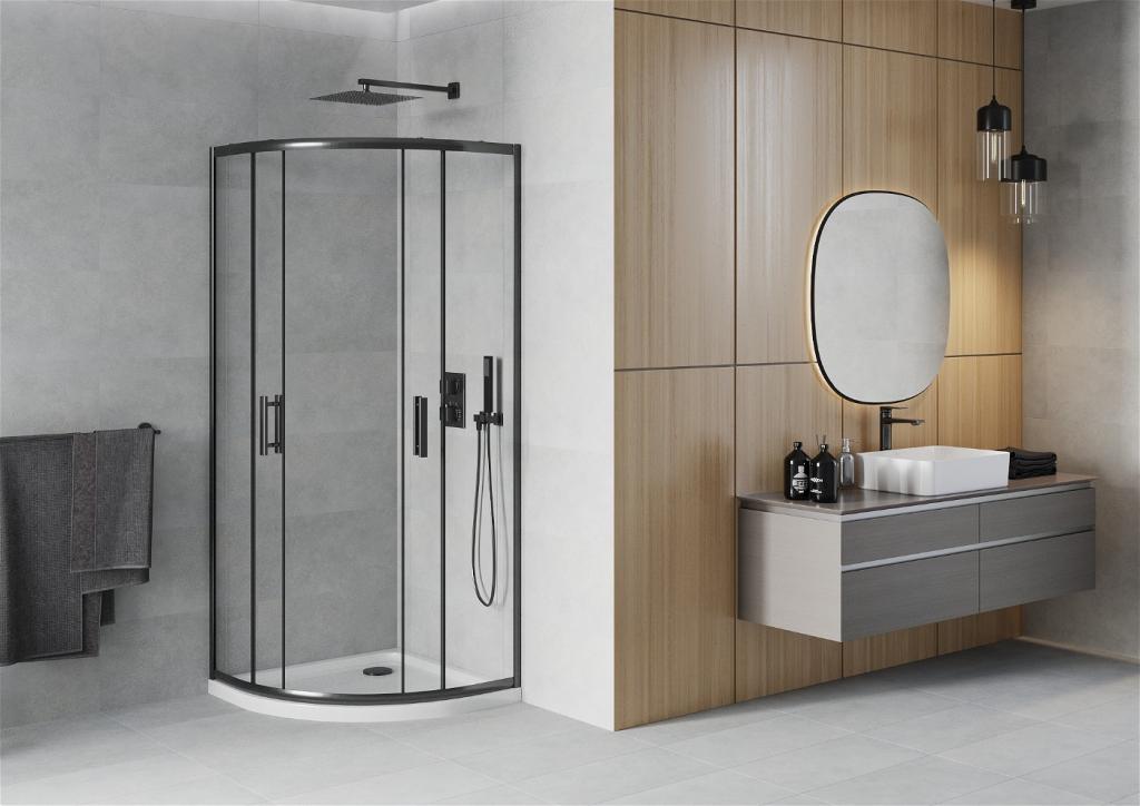 MEXEN/S - Rio štvrťkruhový sprchovací kút 70 x 70 cm, transparent, čierny + vanička so sifónom Flat, biela (863-070-070-70-00-4110B)